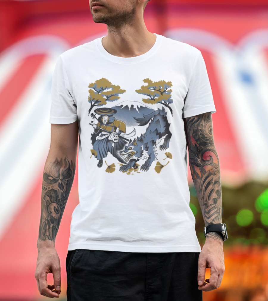 Ghost Of Yotei The Hunters Ukiyo-e Warrior With Wolf Mythical Scene T-Shirt