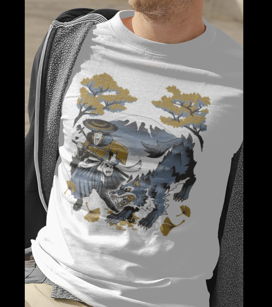 Ghost Of Yotei The Hunters Ukiyo-e Warrior With Wolf Mythical Scene T-Shirt