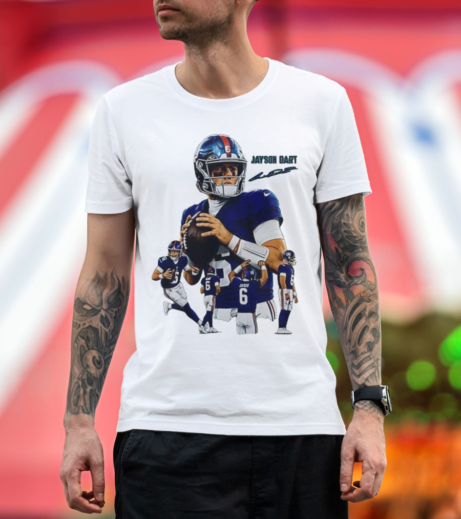 Jaxson Dart New York Giants NFL Football Signature Quarterback Action T-Shirt