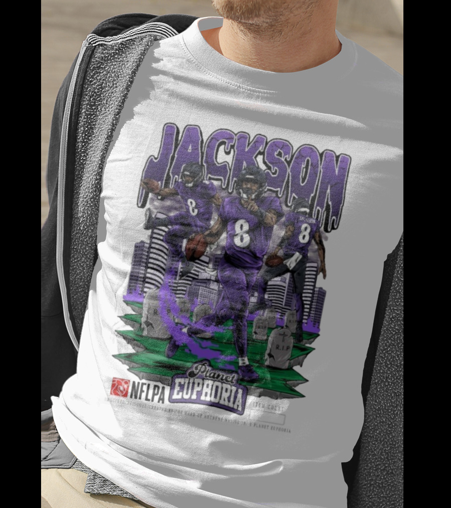 Lamar Jackson NFLPA Planet Euphoria Purple Football Action T-Shirt