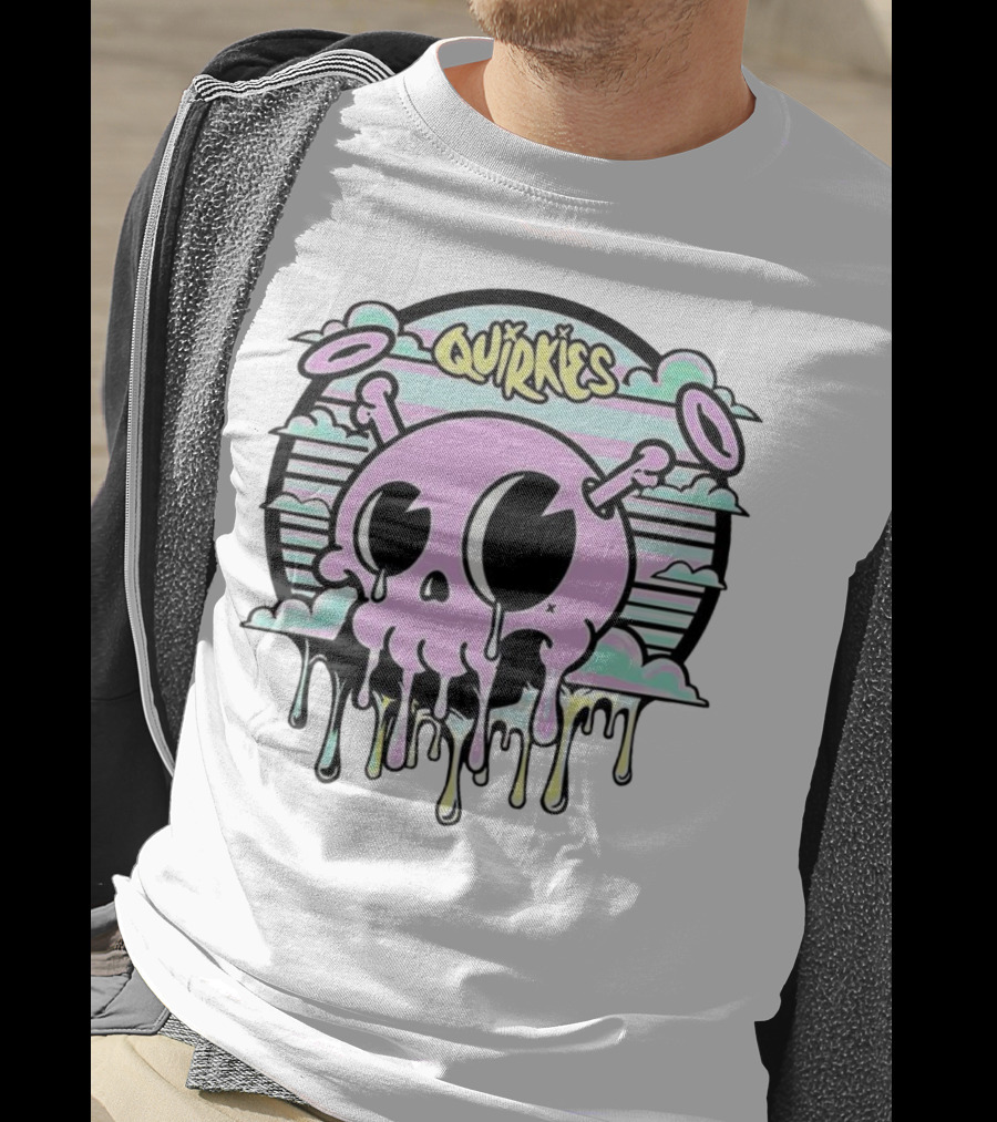 Quirkies Melting Skull With Two Crossbones Vintage Pastel Clouds T-Shirt