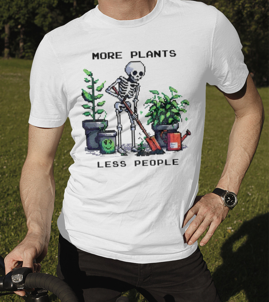 Skeleton Gardening More Plants Less People Pixel Art T-Shirt
