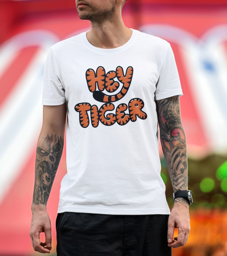 Cincinnati Bengals Hey Tiger Striped Bubble Letter Tiger Tail Pattern T-Shirt
