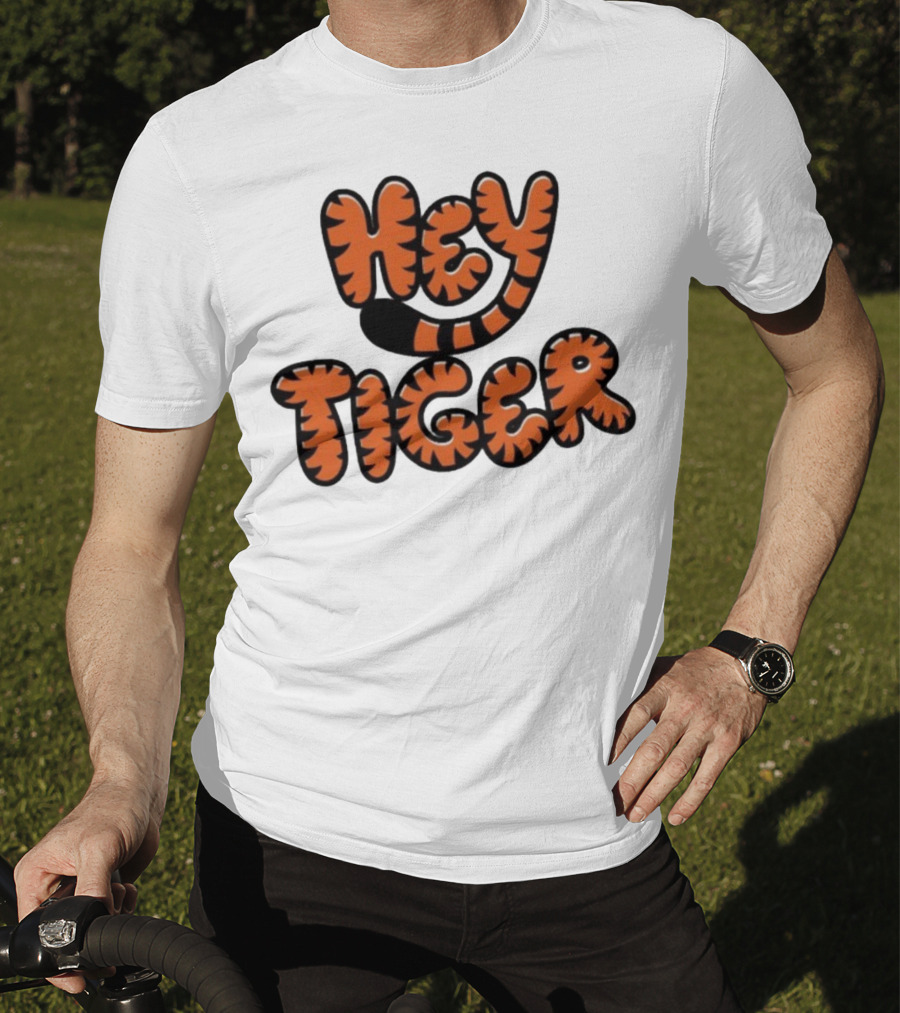 Cincinnati Bengals Hey Tiger Striped Bubble Letter Tiger Tail Pattern T-Shirt