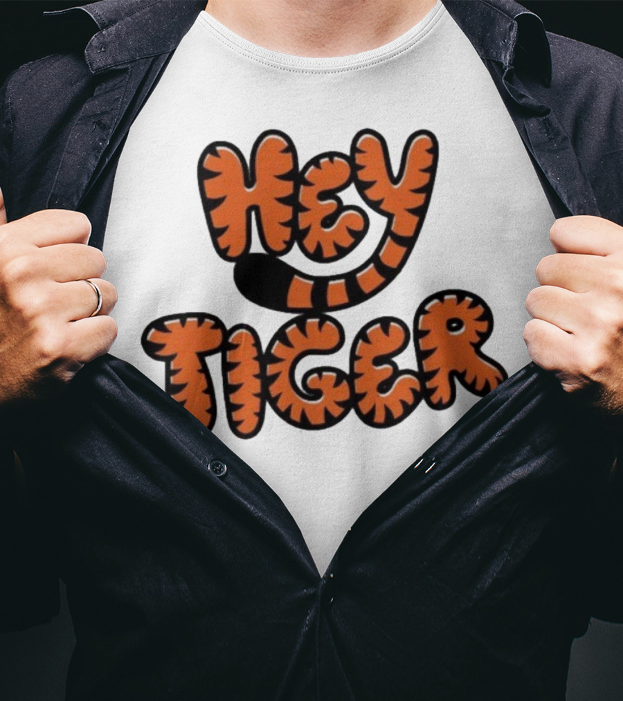 Cincinnati Bengals Hey Tiger Striped Bubble Letter Tiger Tail Pattern T-Shirt