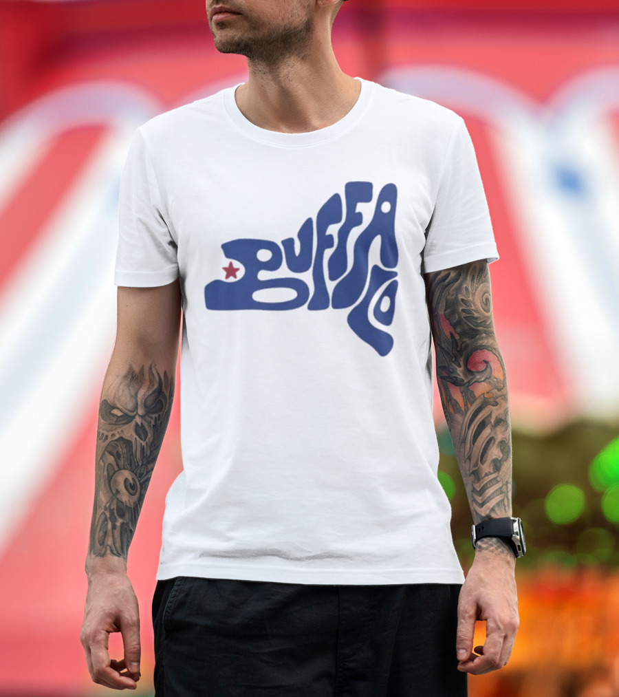 Funky Buffalo Retro Psychedelic Typography With Red Star T-Shirt