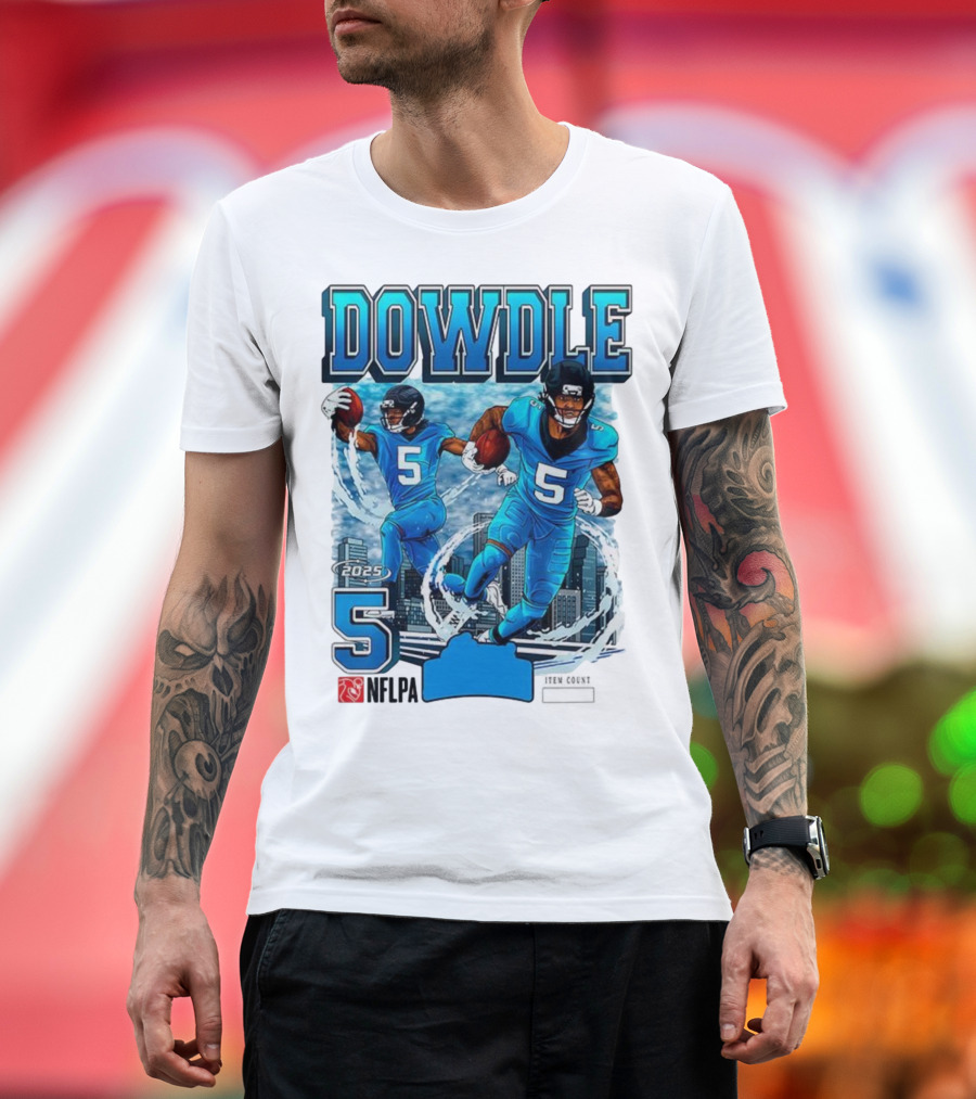 Rico Dowdle Carolina Panthers 2025 Number 5 Skyline NFLPA T-Shirt