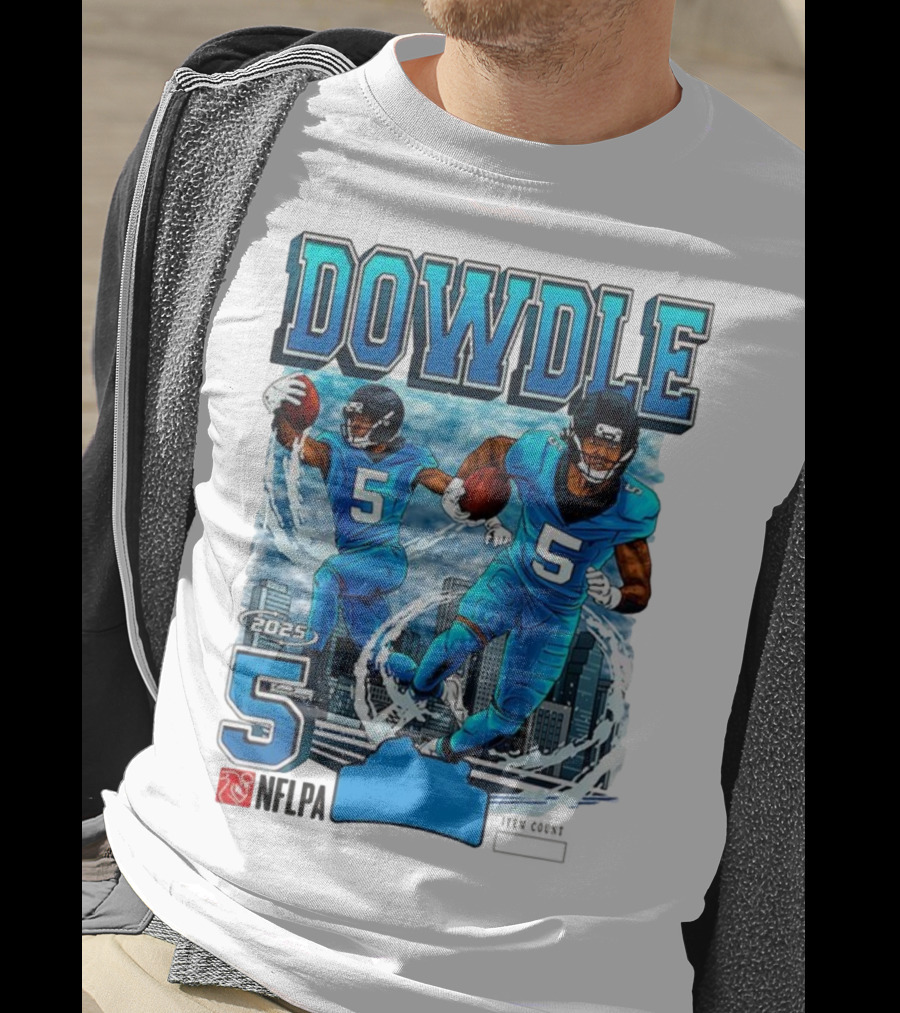 Rico Dowdle Carolina Panthers 2025 Number 5 Skyline NFLPA T-Shirt