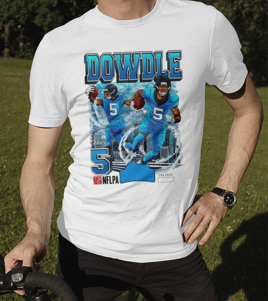Rico Dowdle Carolina Panthers 2025 Number 5 Skyline NFLPA T-Shirt