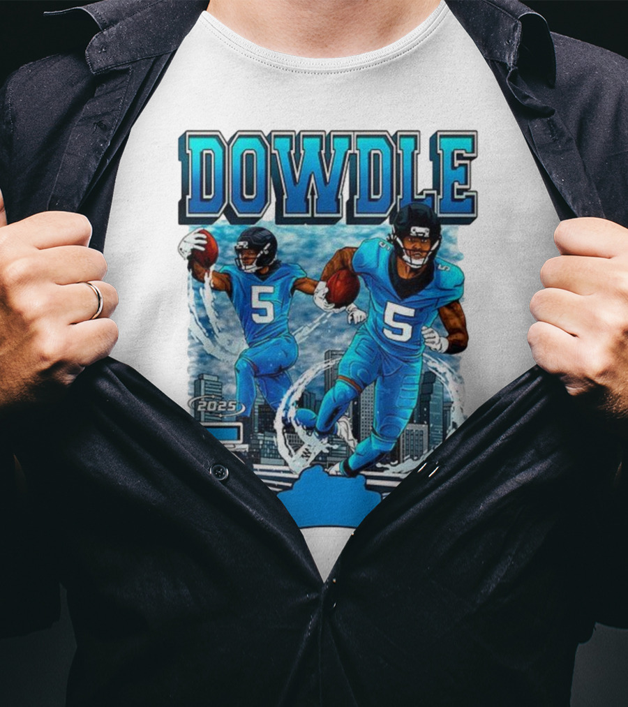 Rico Dowdle Carolina Panthers 2025 Number 5 Skyline NFLPA T-Shirt