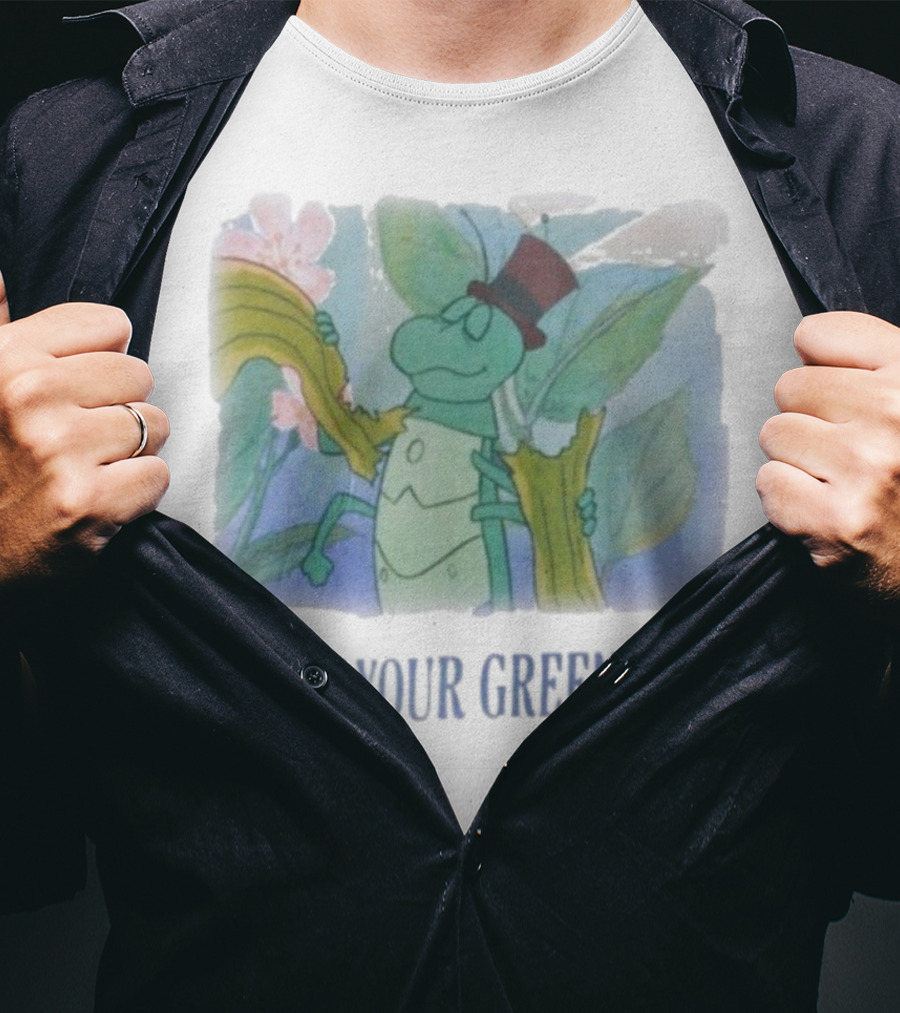 Eat Your Greens Cartoon Grasshopper Top Hat Celery Art T-Shirt