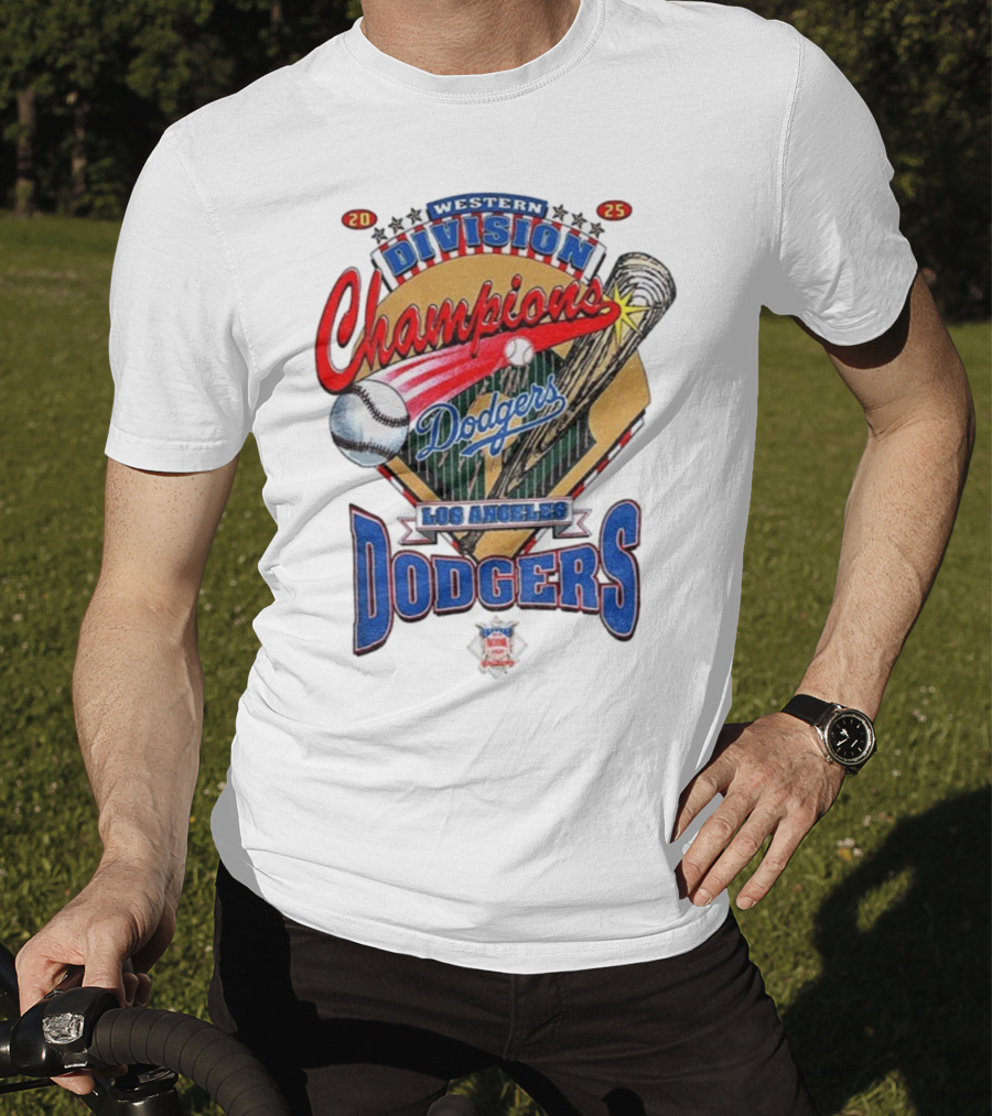 Los Angeles Dodgers 2025 Western Division Champions Baseball Bat And Ball T-Shirt