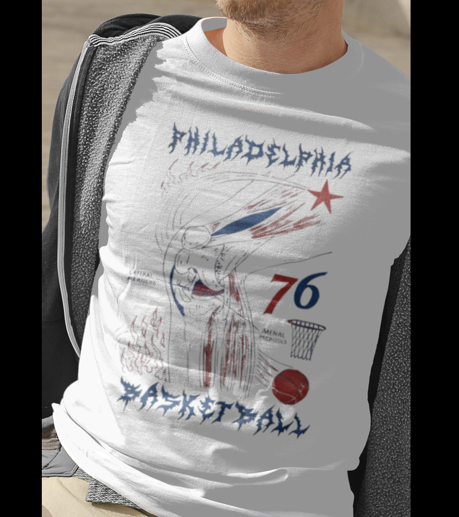 Philadelphia Basketball Red Blue Artistic 76 Star Knee Sketch T-Shirt