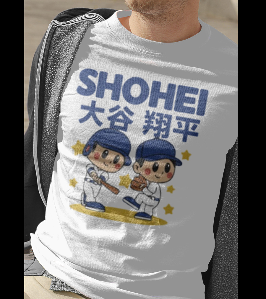 Shohei Ohtani Cartoon Baseball MLB Anime Style Kanji Stars T-Shirt