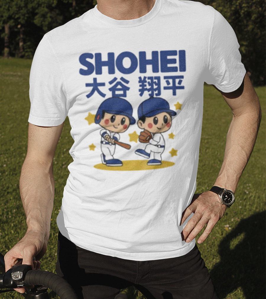 Shohei Ohtani Cartoon Baseball MLB Anime Style Kanji Stars T-Shirt