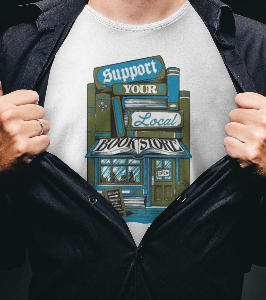 Support Your Local Bookstore Open Vintage Bookshelf Design T-Shirt