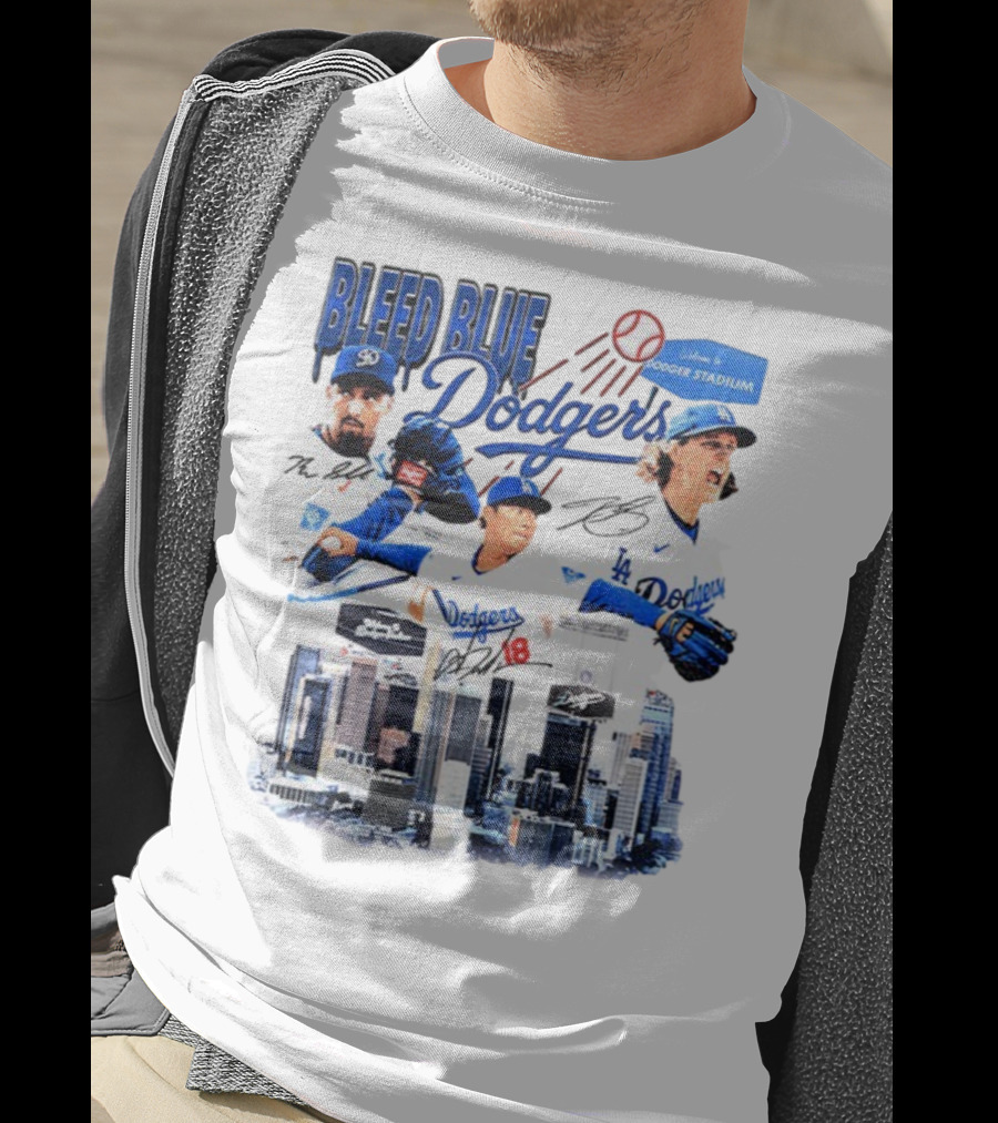 Bleed Blue Dodgers Shohei Ohtani Mookie Betts Yoshinobu Yamamoto Los Angeles Signatures Dodger Stadium T-Shirt