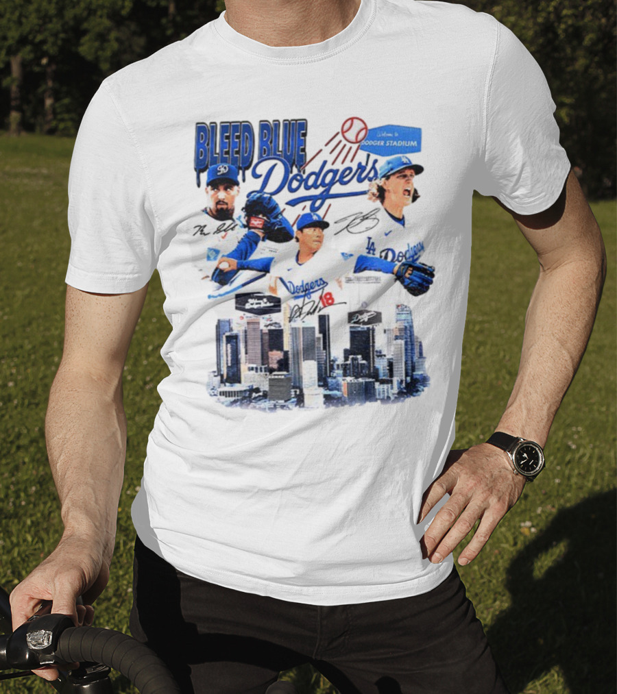 Bleed Blue Dodgers Shohei Ohtani Mookie Betts Yoshinobu Yamamoto Los Angeles Signatures Dodger Stadium T-Shirt