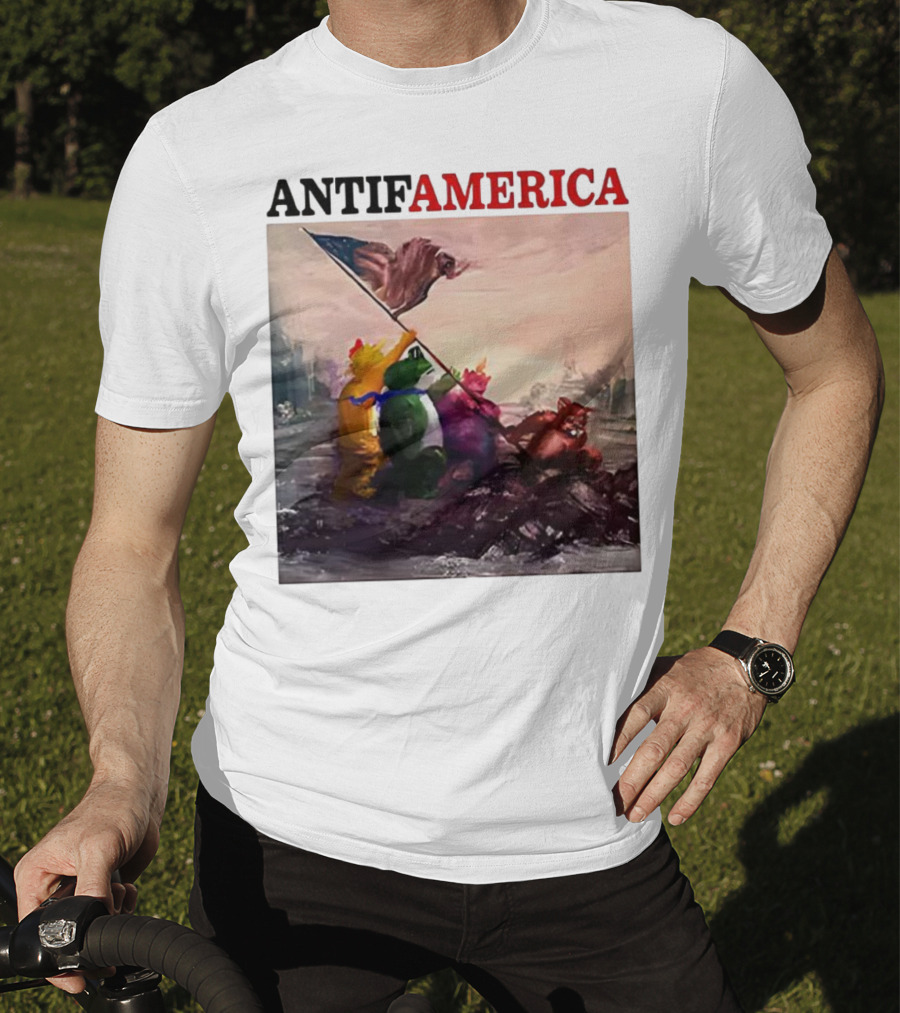 Antifamerica Portland Frog Parody Of Iconic Historical Scene With Bold Characters And Flag T-Shirt