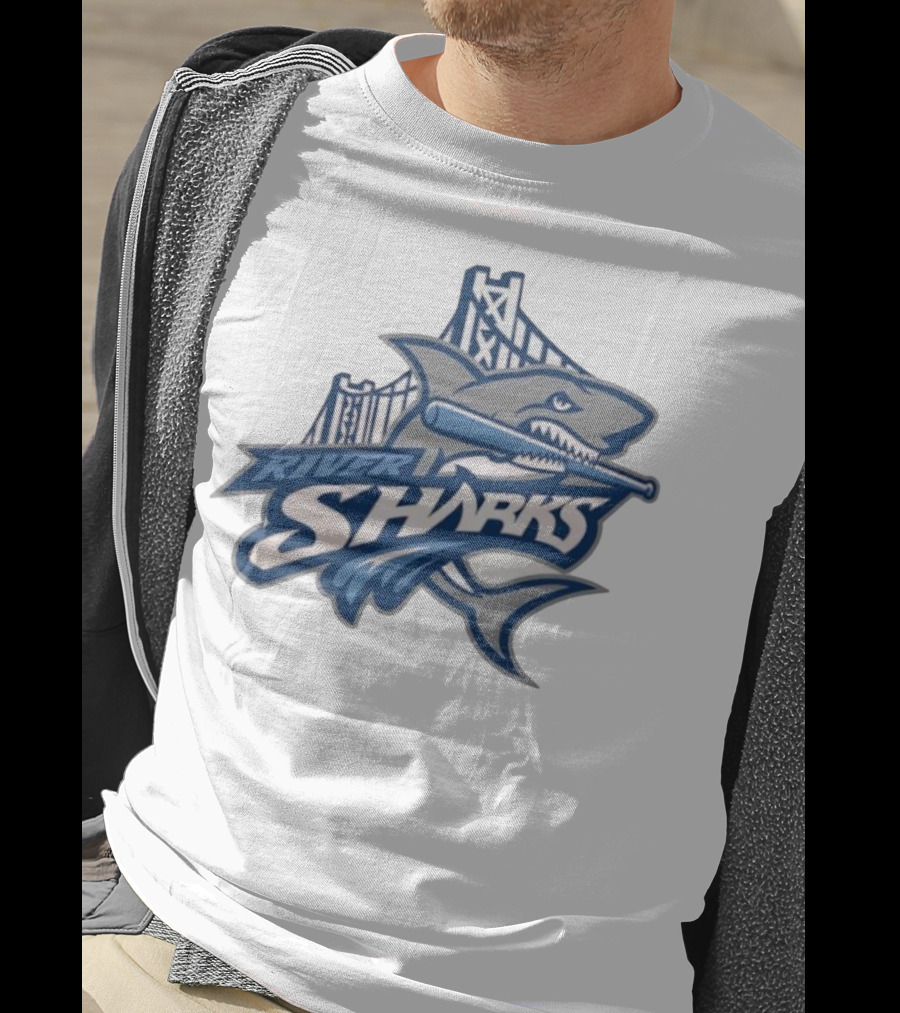 Camden Riversharks Baseball Team River Sharks Text With Shark And Bridge Imagery T-Shirt