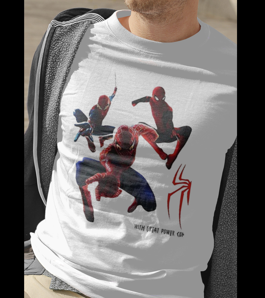 Spider Man Daily Bugle With Great Power Comes Great Responsibility Spider Logo Trio Suit Styles T-Shirt
