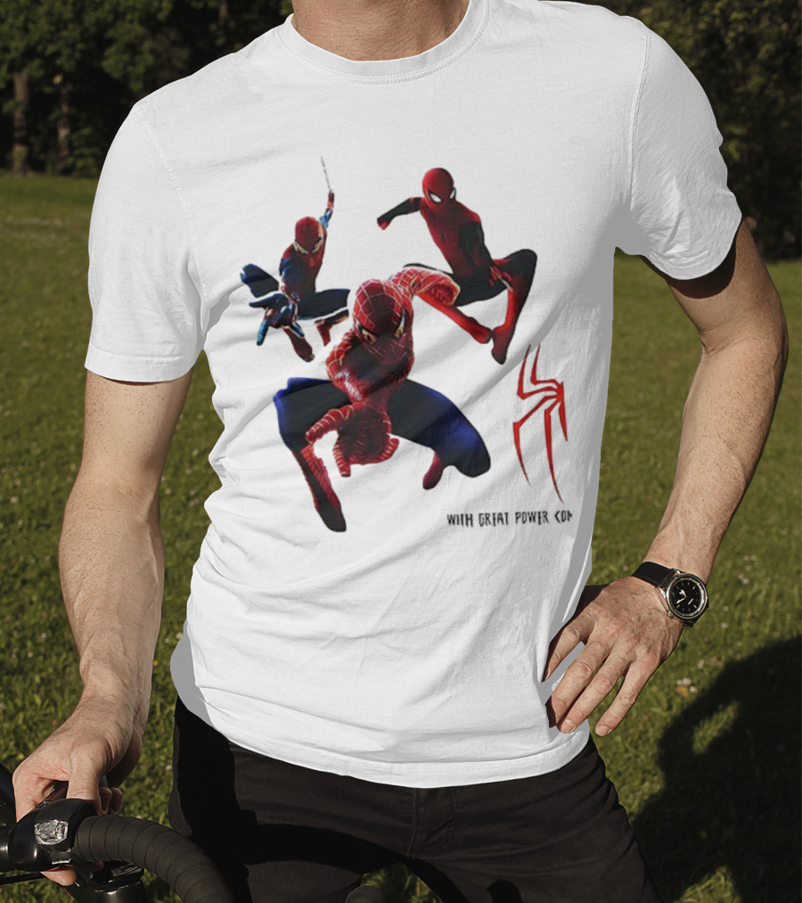 Spider Man Daily Bugle With Great Power Comes Great Responsibility Spider Logo Trio Suit Styles T-Shirt