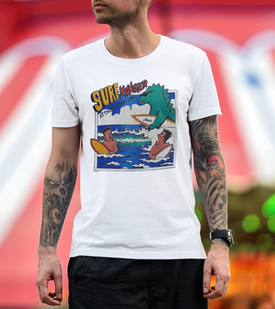 Surf Monster Attacks Coast Line Retro Comic Style Surfing Scene T-Shirt