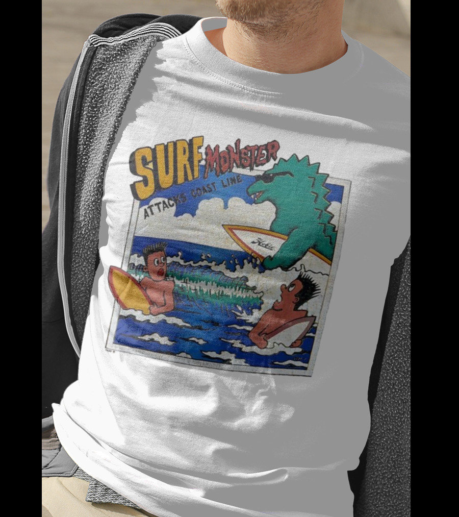 Surf Monster Attacks Coast Line Retro Comic Style Surfing Scene T-Shirt