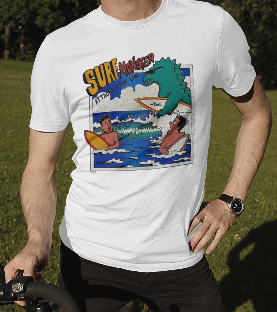 Surf Monster Attacks Coast Line Retro Comic Style Surfing Scene T-Shirt