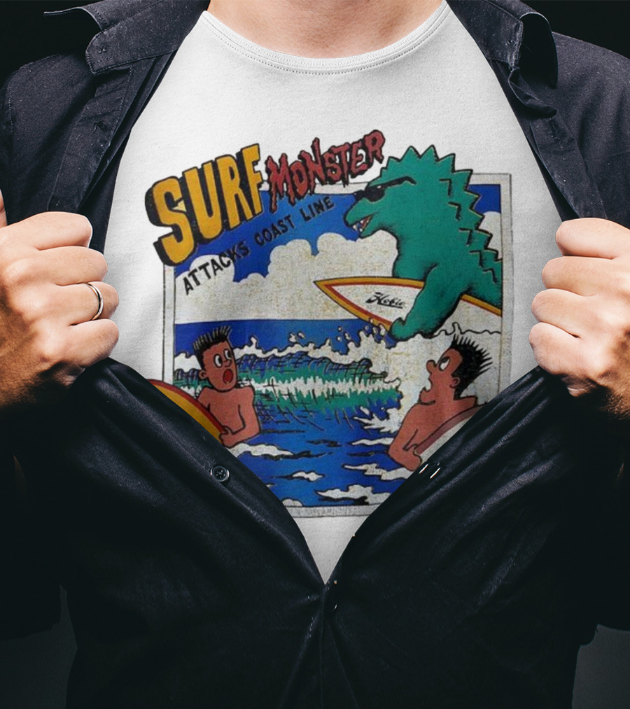 Surf Monster Attacks Coast Line Retro Comic Style Surfing Scene T-Shirt
