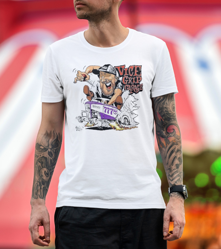 Vice Grip Garage 777 Cartoon Hot Rod Illustration With Bearded Driver And Smoking Tires T-Shirt