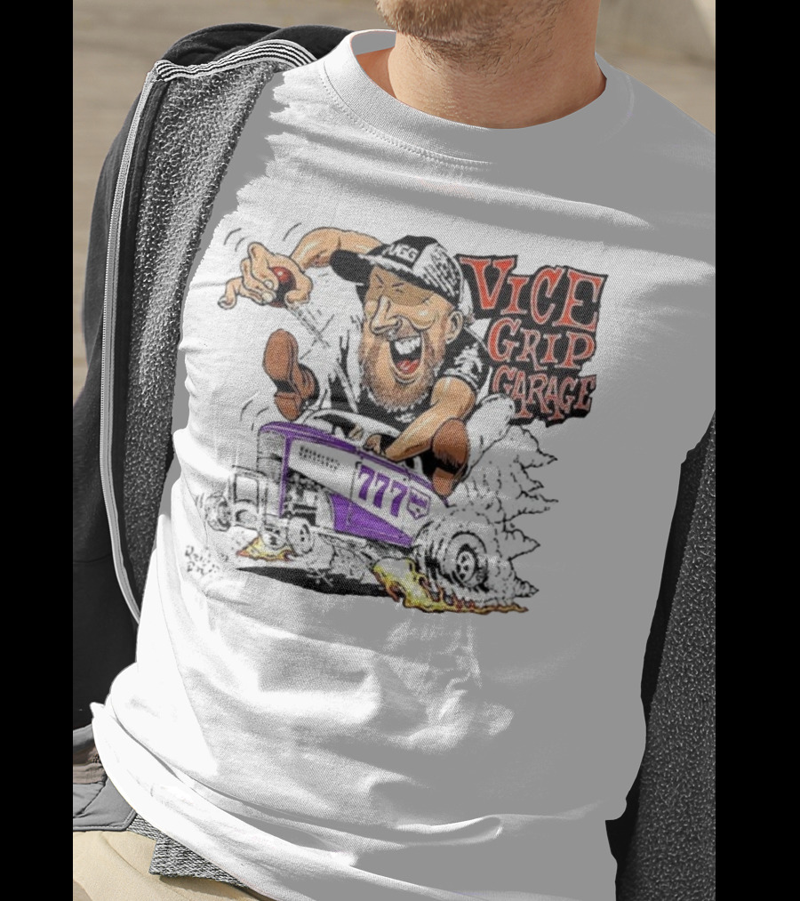 Vice Grip Garage 777 Cartoon Hot Rod Illustration With Bearded Driver And Smoking Tires T-Shirt