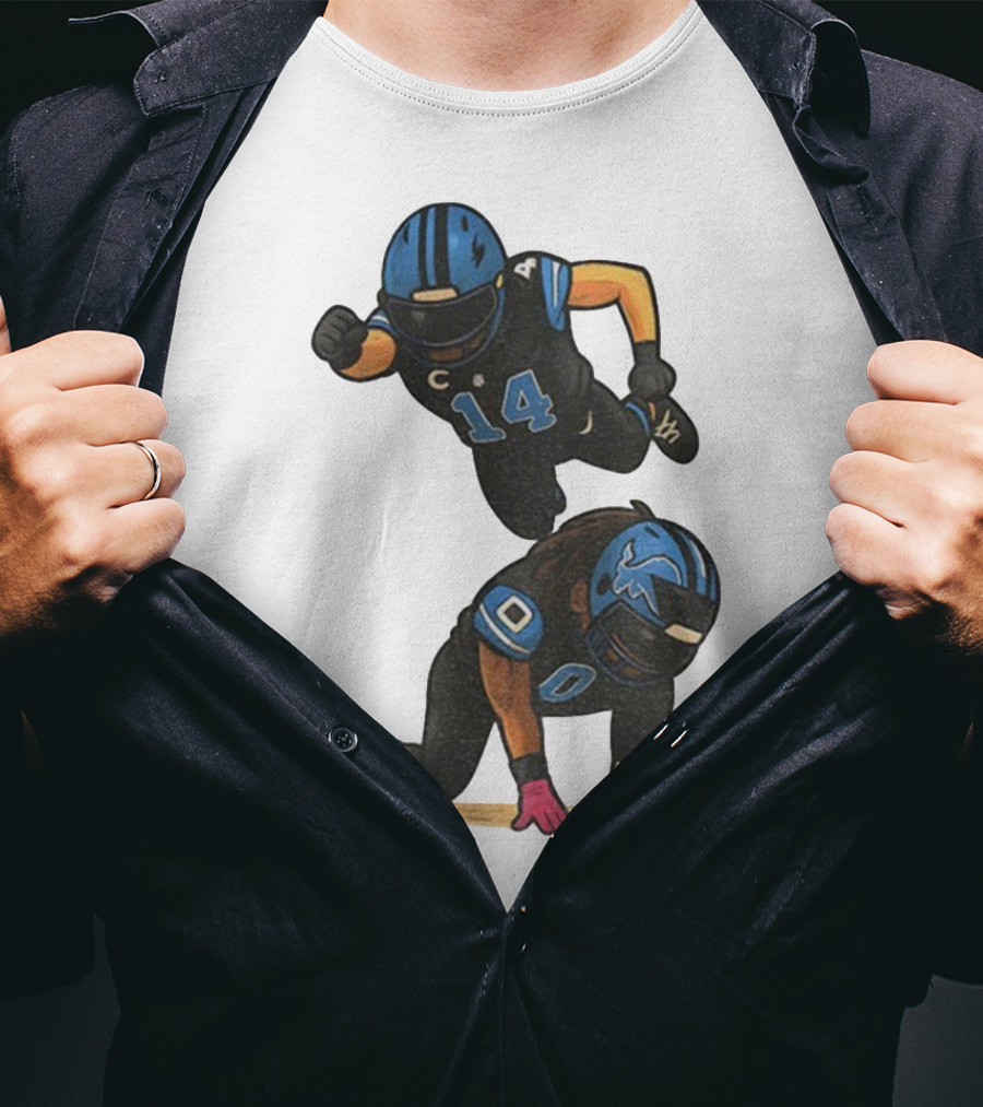 Amon Ra St. Brown Jahmyr Gibbs 14 00 Blue Black Football Celebration T-Shirt