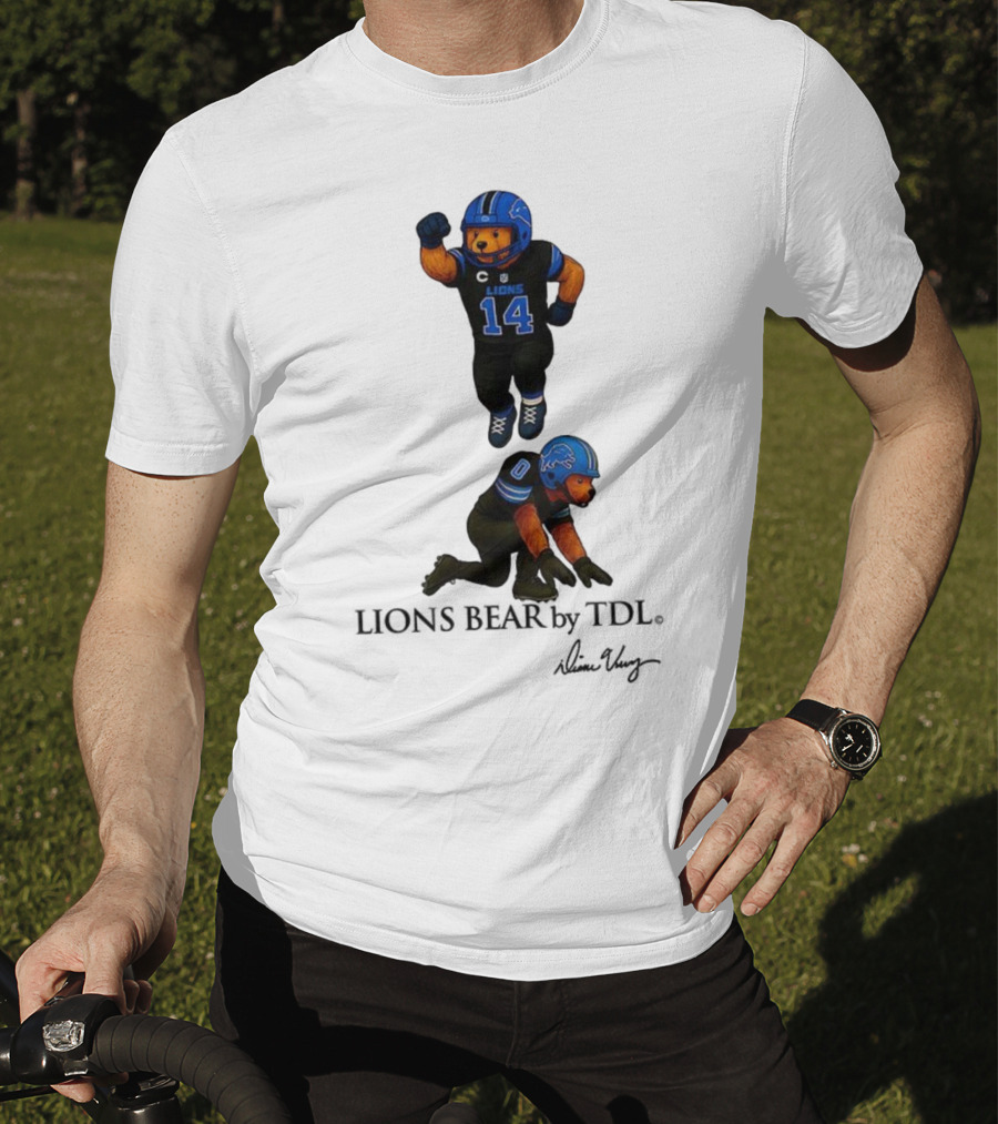 Amon-Ra St. Brown 14 Jahmyr Gibbs 0 Detroit Lions Bear Celebrating Football T-Shirt