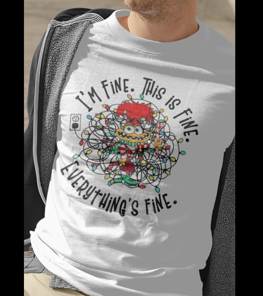 I'm Fine This Is Fine Everything's Fine Anxiety Inside Out 2 Holiday Lights Candy Cane T-Shirt