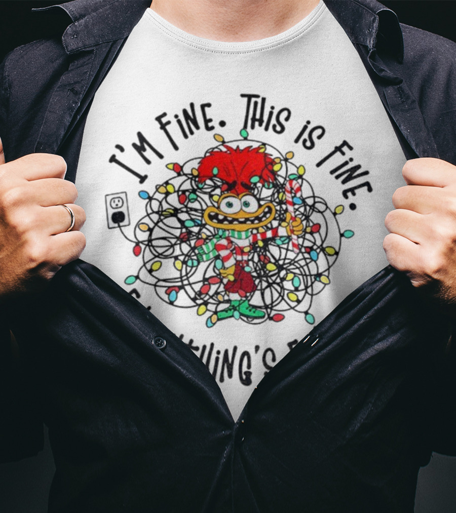 I'm Fine This Is Fine Everything's Fine Anxiety Inside Out 2 Holiday Lights Candy Cane T-Shirt