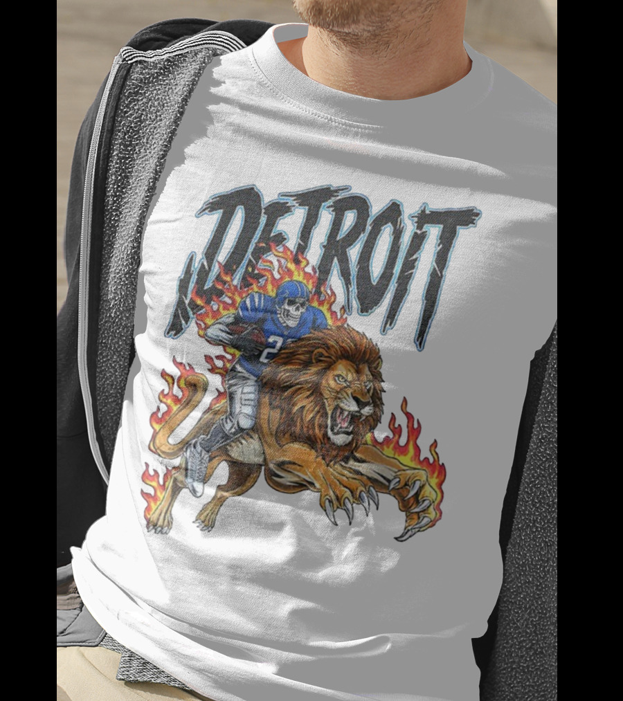 Detroit Lions Vintage Skeleton Riding Flaming Lion Football Game Day T-Shirt