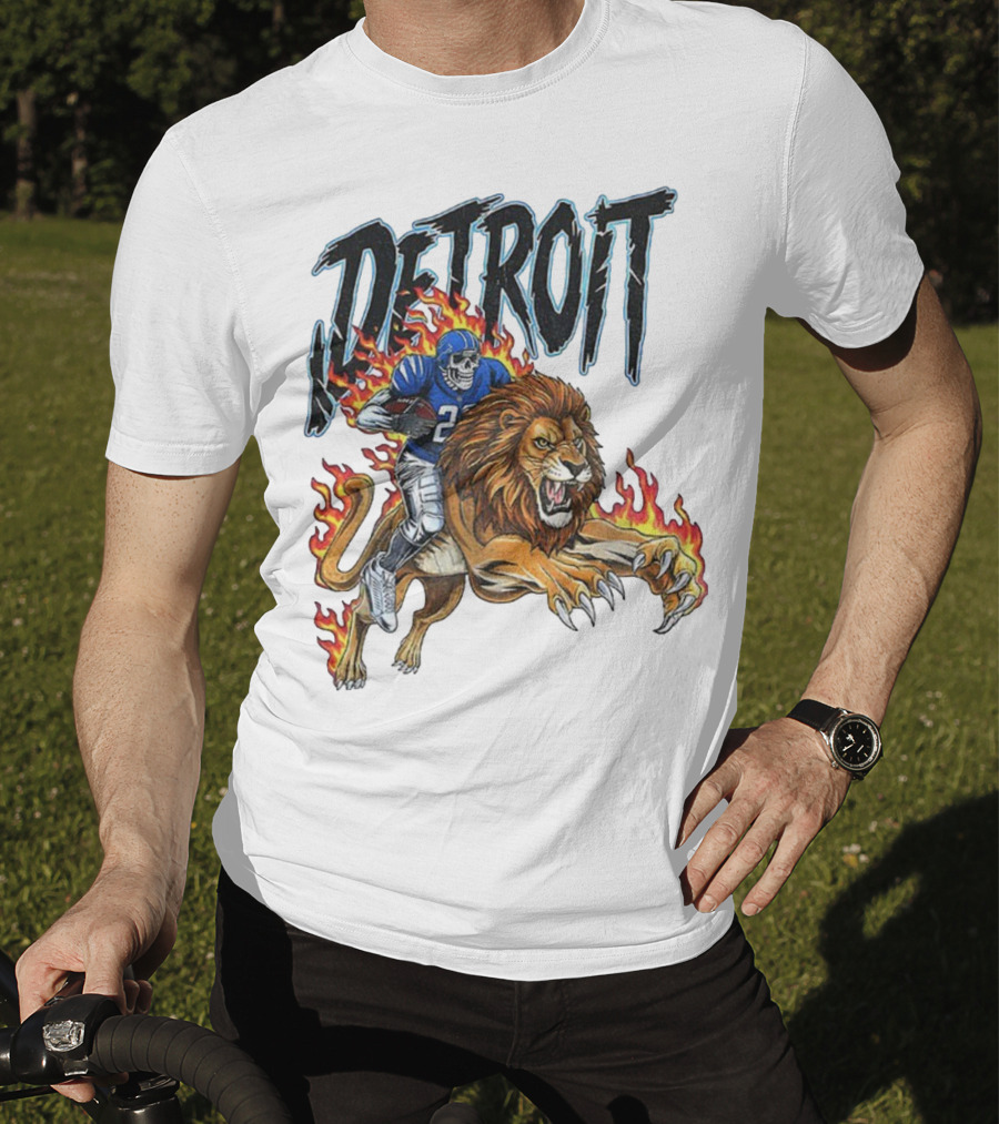 Detroit Lions Vintage Skeleton Riding Flaming Lion Football Game Day T-Shirt