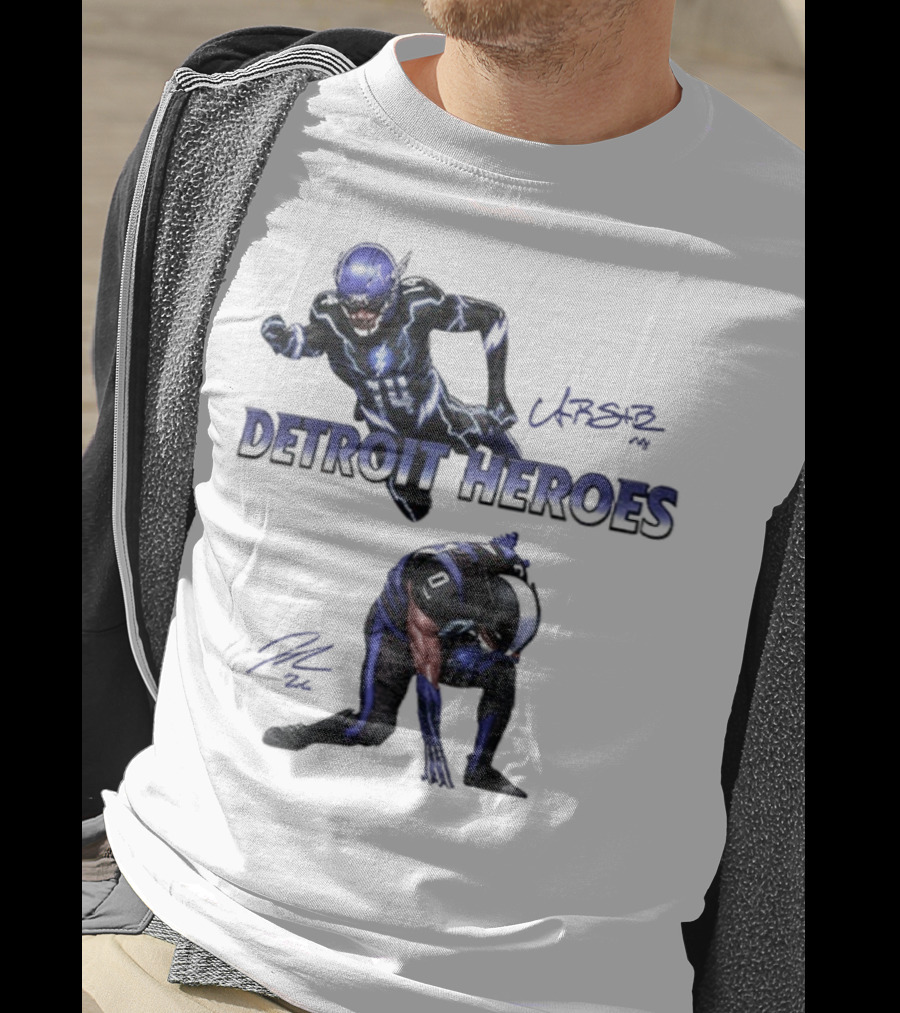 Jahmyr Gibbs Amon Ra St Brown Detroit Heroes 2025 Signature T-Shirt