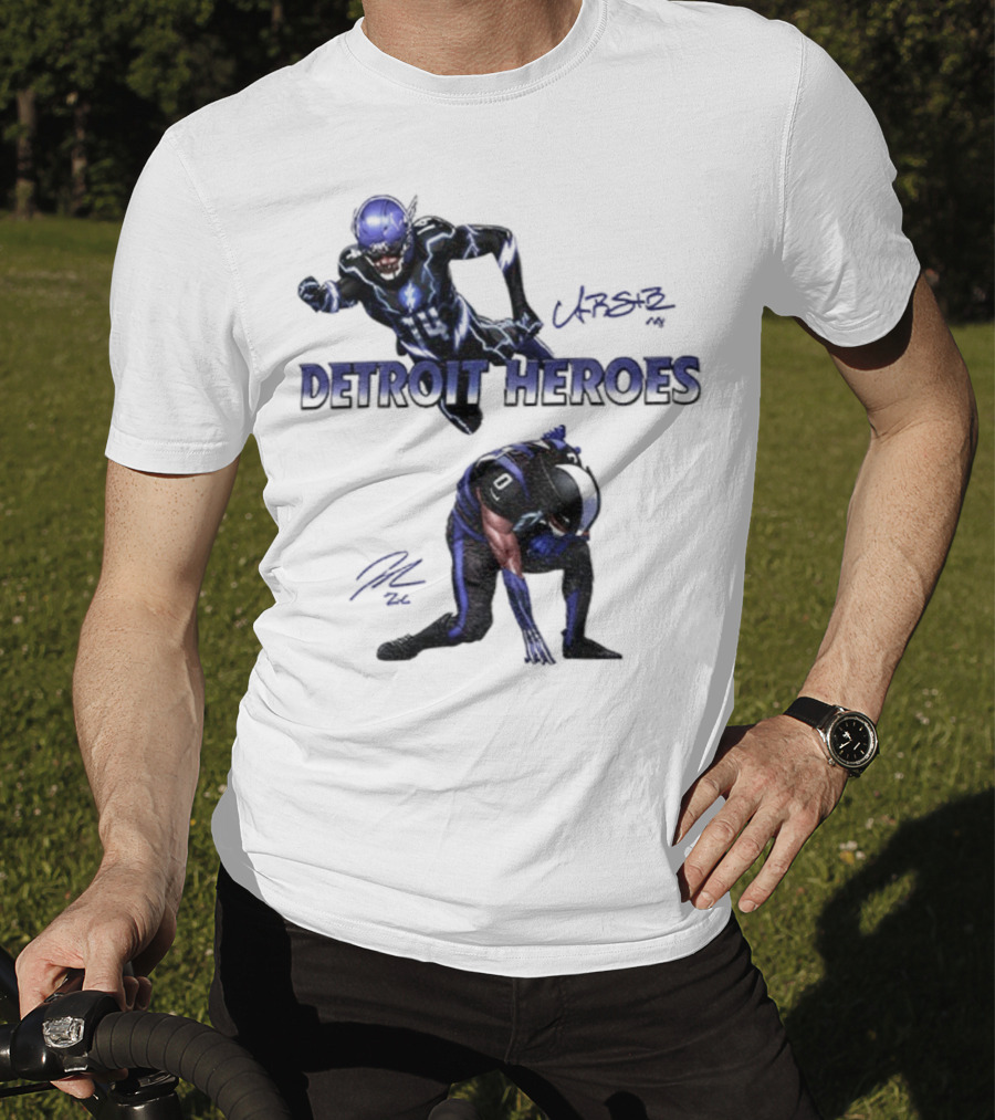 Jahmyr Gibbs Amon Ra St Brown Detroit Heroes 2025 Signature T-Shirt