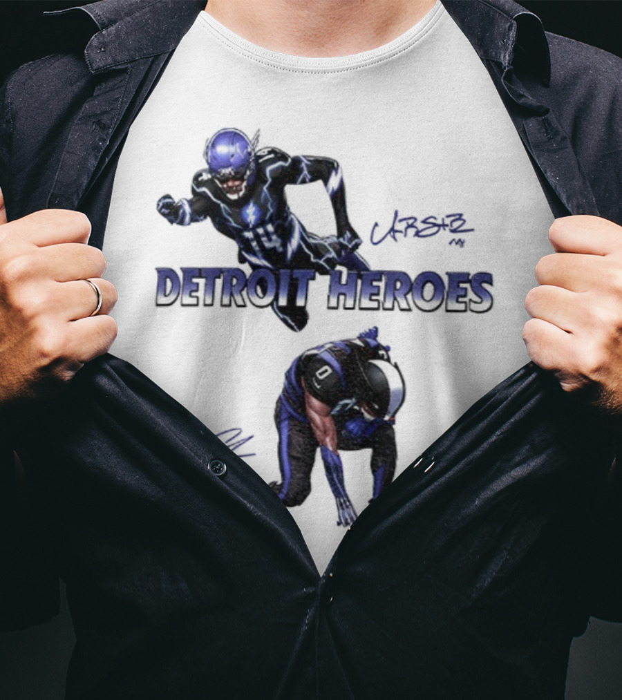 Jahmyr Gibbs Amon Ra St Brown Detroit Heroes 2025 Signature T-Shirt