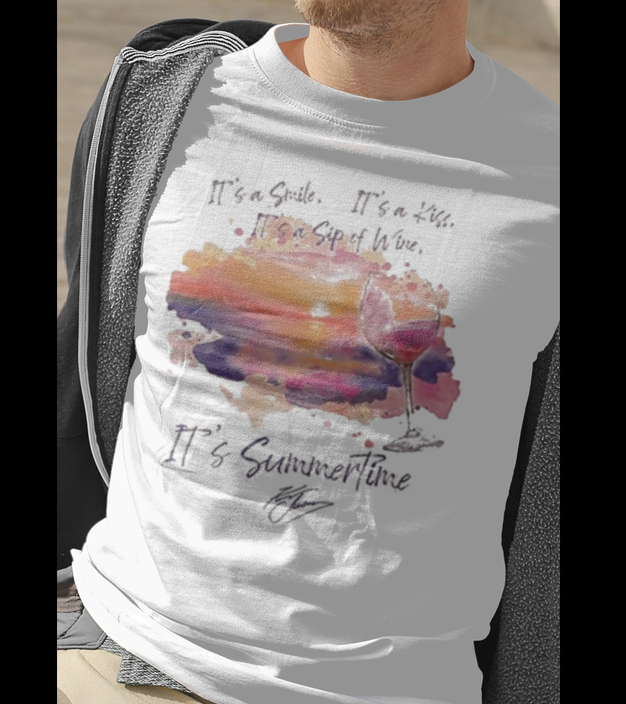 Kenny Chesney It's A Smile It's A Lie It's A Sip Of Wine It's Summertime Flowy Sunset Wine Glass T-Shirt