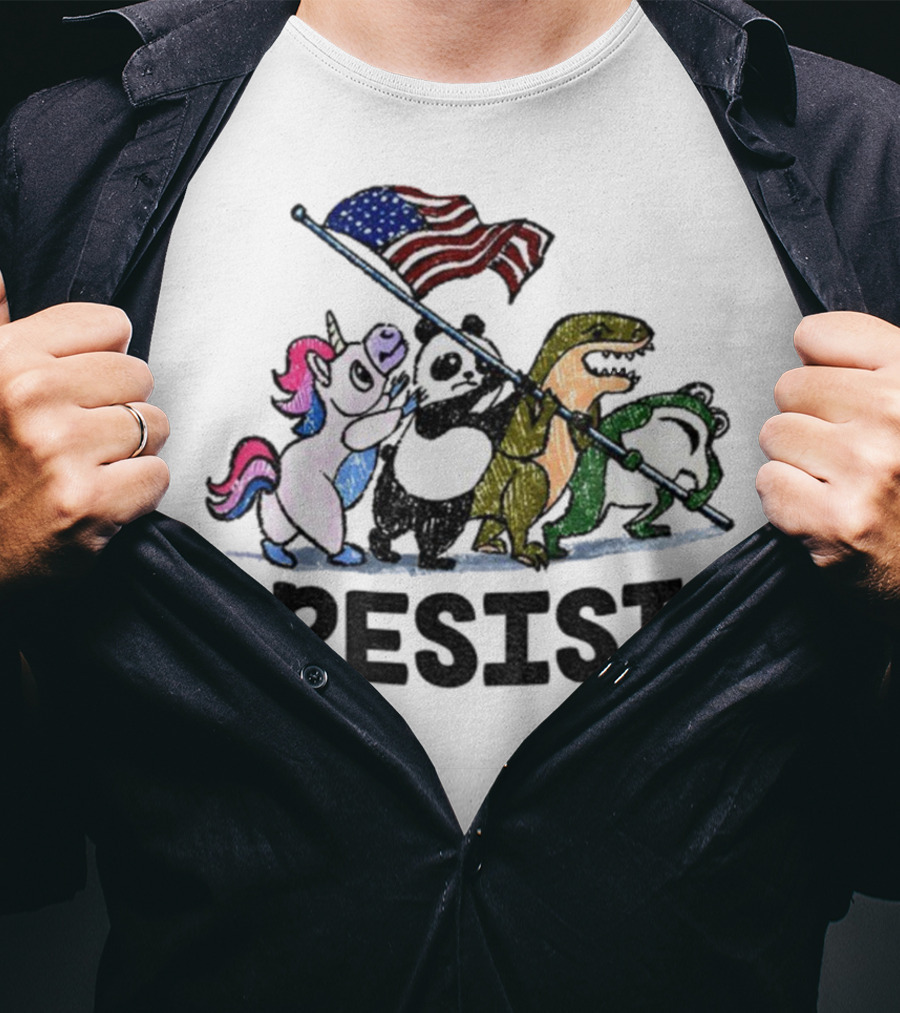 Unicorn Panda Alligator Frog Resist American Flag Political Statement T-Shirt