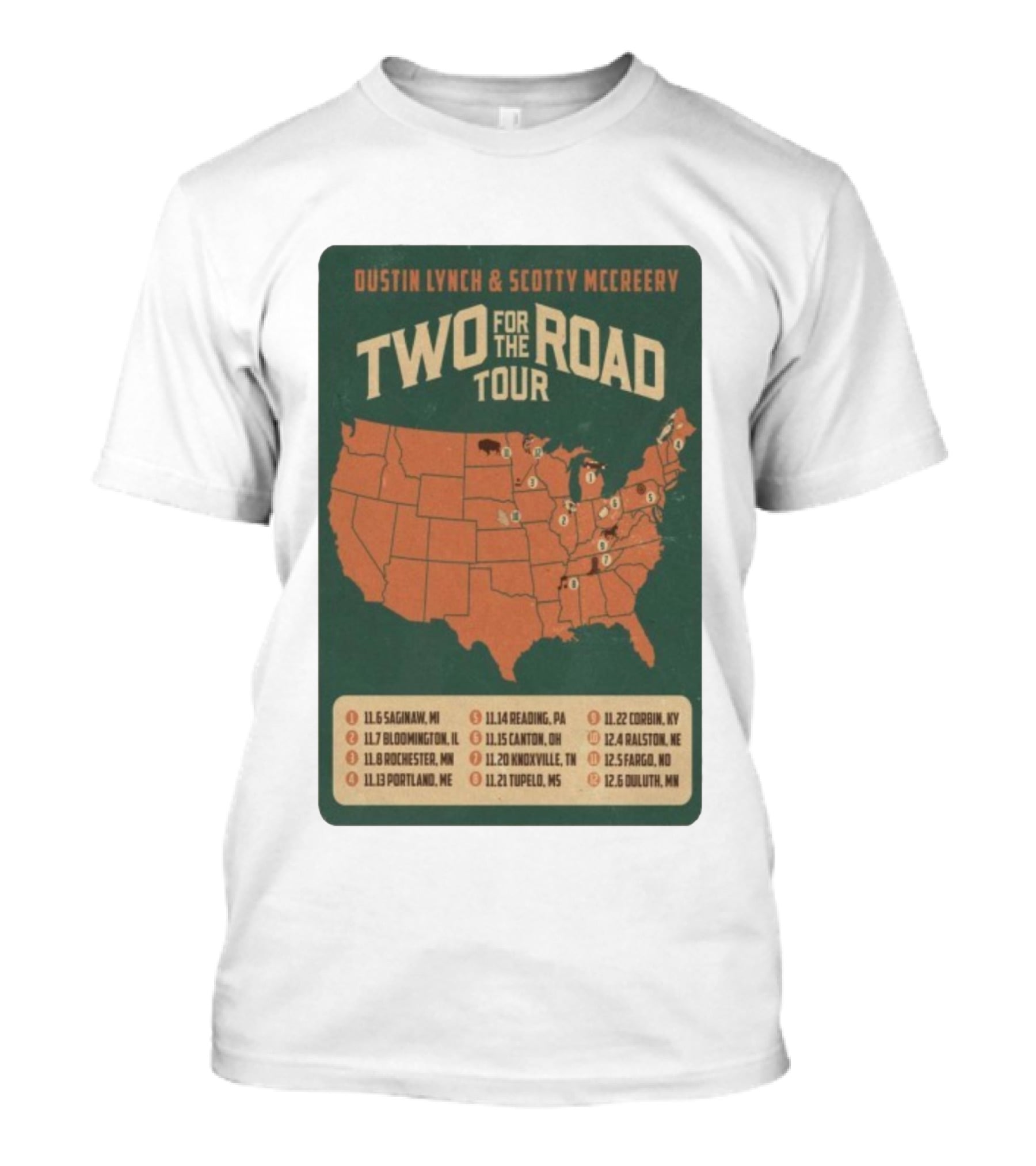Dustin Lynch Scotty McCreery Two For The Road Tour 2025 US Map And Dates T-Shirt