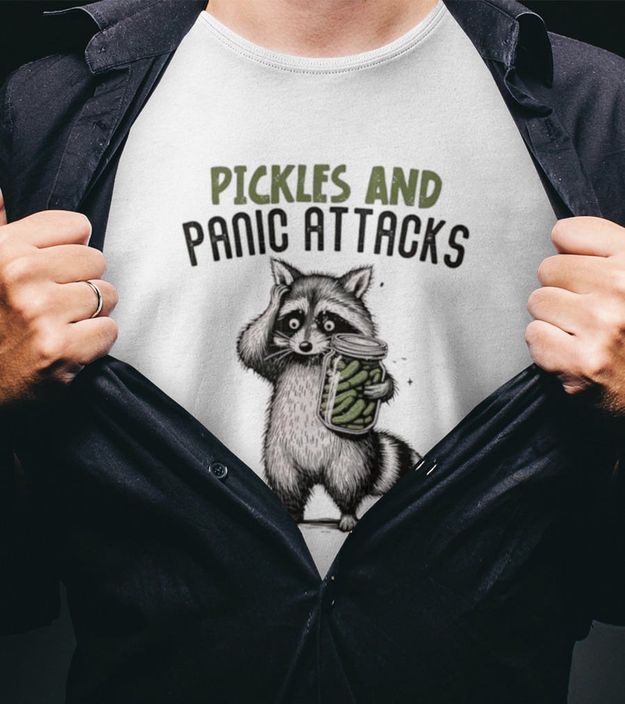 Pickles And Panic Attacks Raccoon Holding Jar Retro Mental Health Awareness T-Shirt