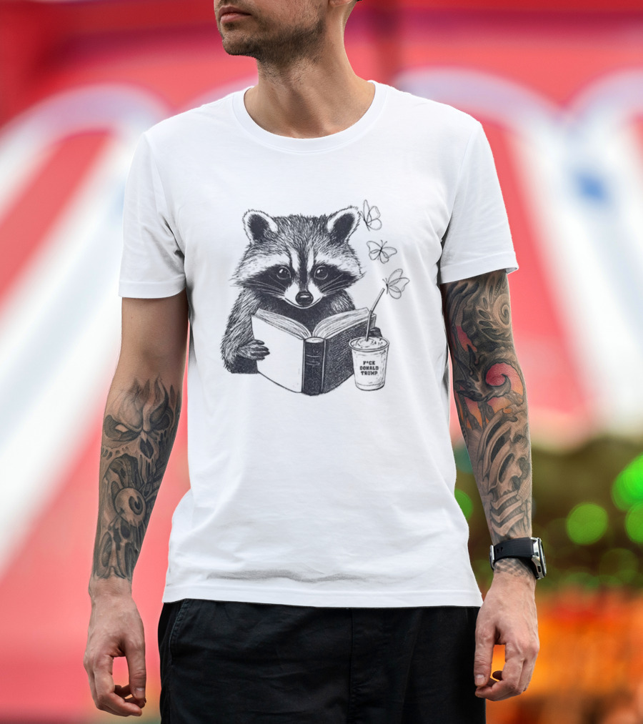 Raccoon Reading Book Coffee Cup Cozy Subtle Anti-Trump T-Shirt