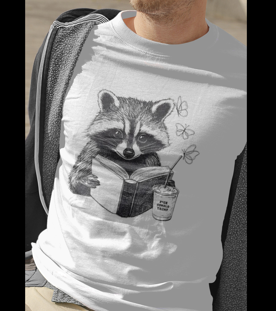 Raccoon Reading Book Coffee Cup Cozy Subtle Anti-Trump T-Shirt
