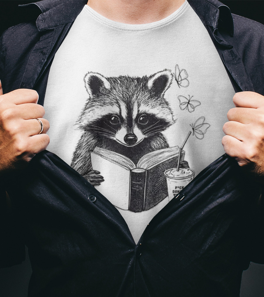 Raccoon Reading Book Coffee Cup Cozy Subtle Anti-Trump T-Shirt