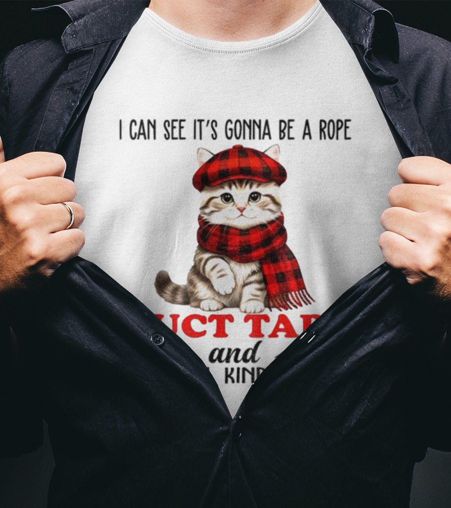 Cat In Red Plaid Hat Duct Tape Christmas T-Shirt