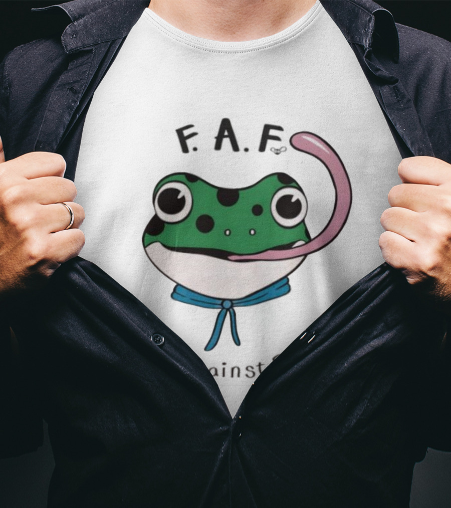 F.A.F Frogs Against Fascism Playful Green Frog With Tongue And Blue Scarf T-Shirt